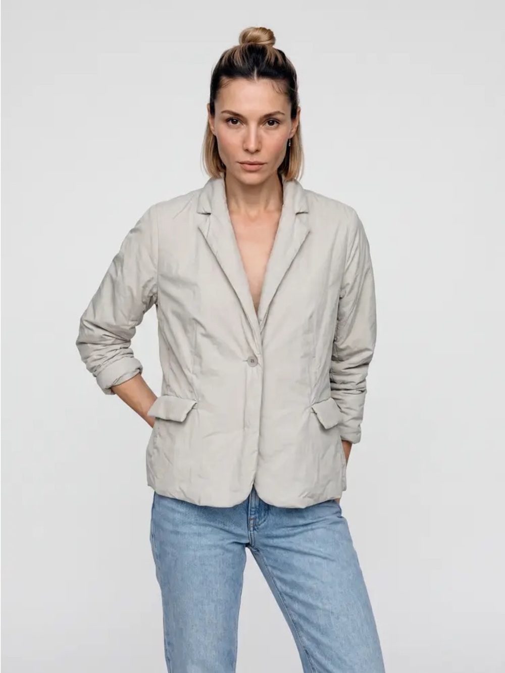 Stylish Light Ecru Puffer Blazer